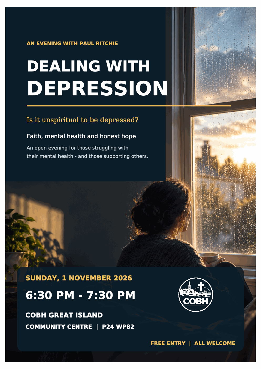 Dealing with Depression with Paul Ritchie, Sunday 1 November 2026, 6:30–7:30pm, Cobh Great Island Community Centre. Free entry, all welcome.